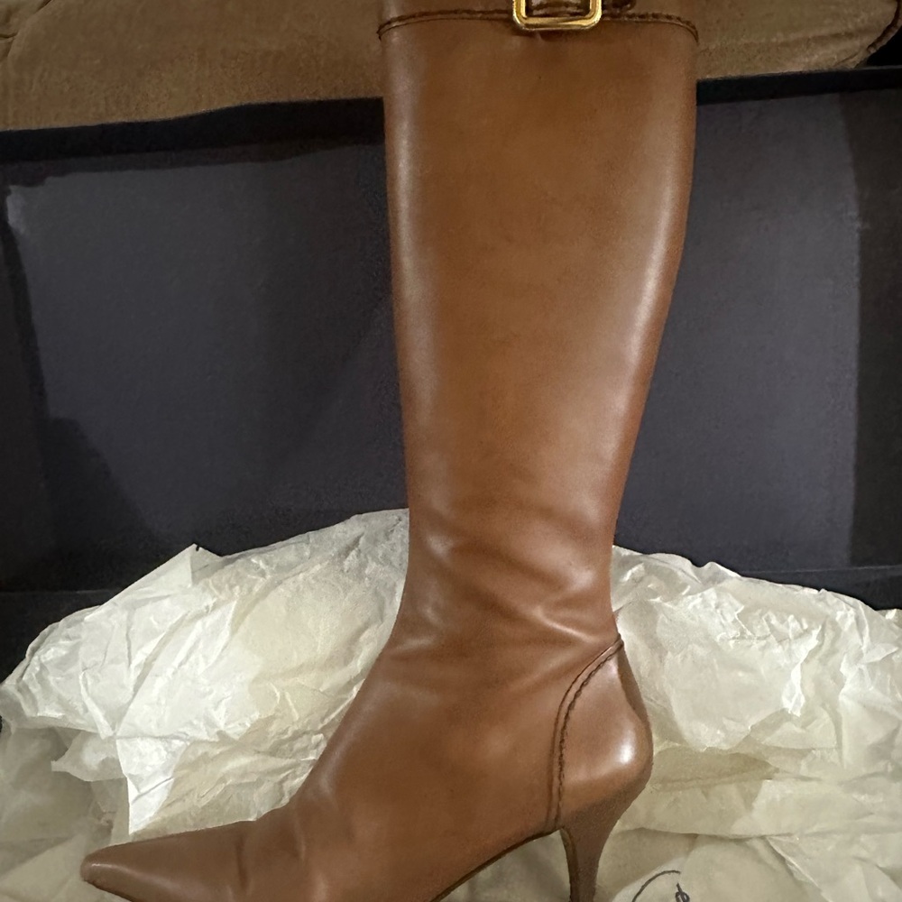 Prada Women's Tan Leather Heeled Boots - Picture 3 of 8